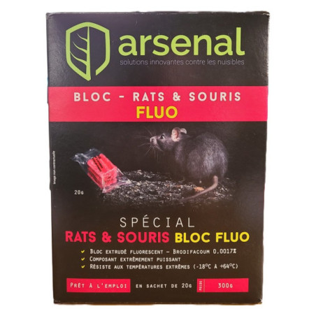 Bloc Raticide Arsenal, Fluo Brodifacoum pour rat & souris