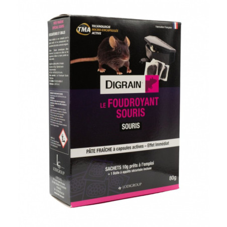 DIGRAIN FOUDROYANT SOURIS Alphachloralose 4% Poste d'appâtage sécurisé inclus 8x10g